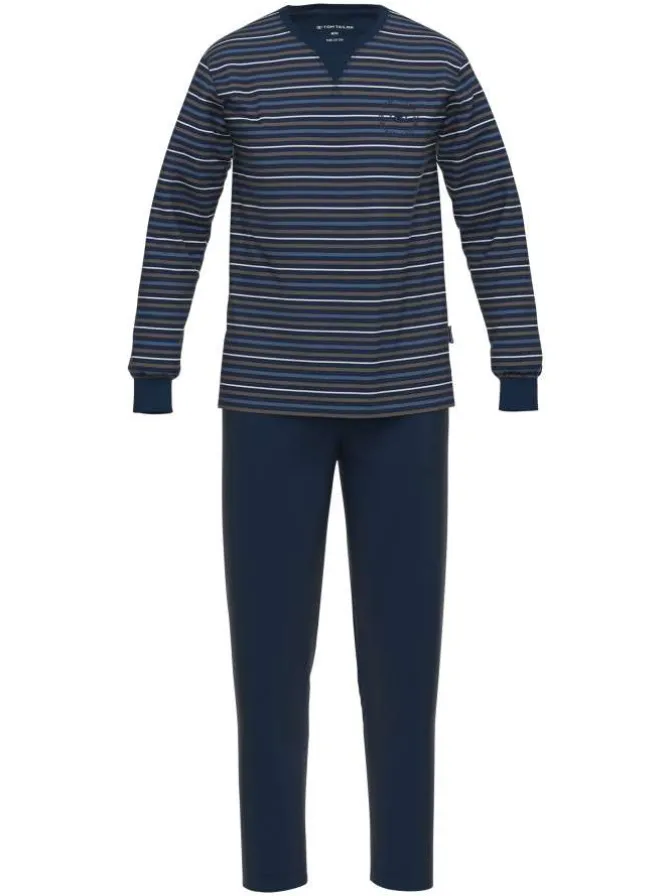 Pyjama long en coton marine coupe droite col rond avec un haut rayé