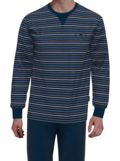Pyjama long en coton marine coupe droite col rond avec un haut rayé