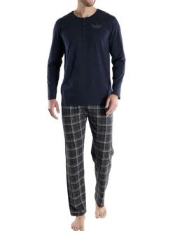 Pyjama long en coton marine coupe droite et col tunisien à fermeture boutonnée