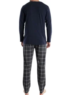 Pyjama long en coton marine coupe droite et col tunisien à fermeture boutonnée