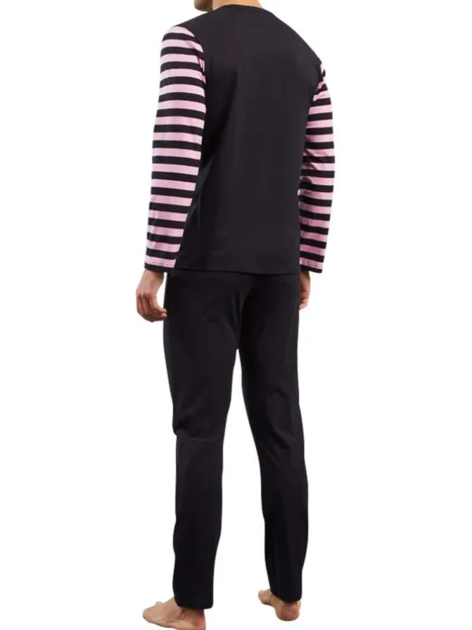 Pyjama Long en coton marine et rayé avec une coupe droite et un col v