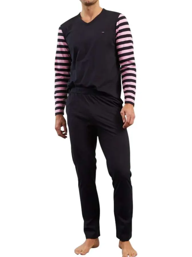 Pyjama Long en coton marine et rayé avec une coupe droite et un col v