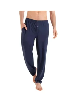 Pyjama long en coton marine imprimé feuille à coupe droite et col cranté