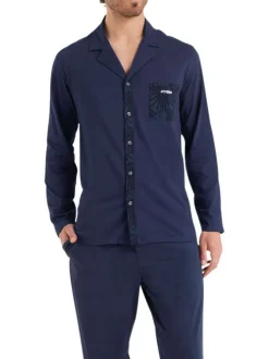 Pyjama long en coton marine imprimé feuille à coupe droite et col cranté