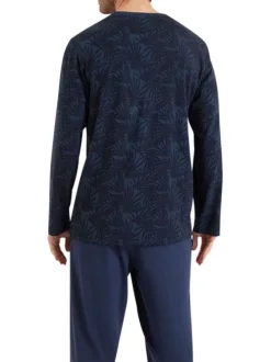 Pyjama long en coton marine imprimé feuille à coupe droite et col V