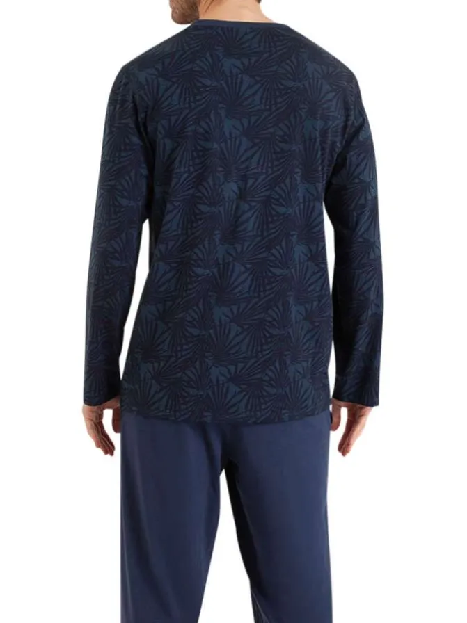 Pyjama long en coton marine imprimé feuille à coupe droite et col V