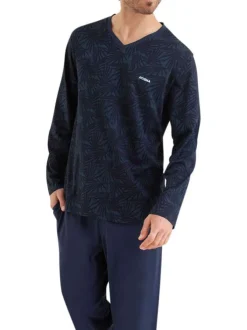 Pyjama long en coton marine imprimé feuille à coupe droite et col V