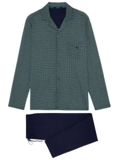 Pyjama long en coton marine imprimé géométrique coupe droite col camp