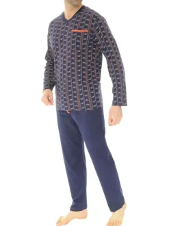 Pyjama long en coton marine imprimé vélo avec une coupe droite et un col v
