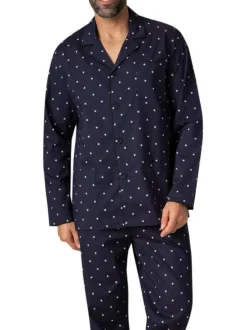 Pyjama long en coton marine à pois avec une coupe ouverte et un col cranté