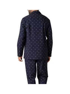 Pyjama long en coton marine à pois avec une coupe ouverte et un col cranté