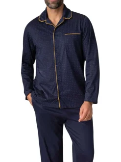 Pyjama long en coton marine à pois avec une coupe ouverte et un col français