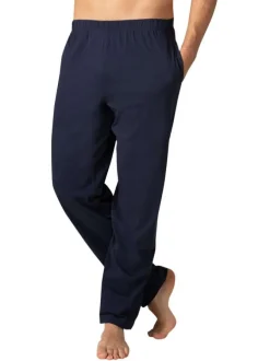 Pyjama long en coton marine à pois avec une coupe ouverte et un col français