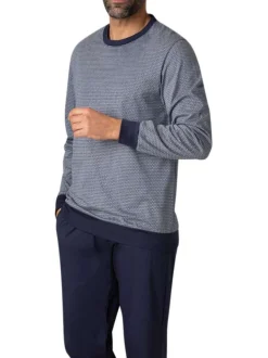 Pyjama long en coton marine quadrillé avec une coupe fermée et un col rond