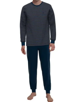 Pyjama long en coton marine rayé coupe ajustée avec un col rond