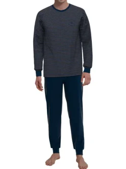 Pyjama long en coton marine rayé coupe ajustée avec un col rond
