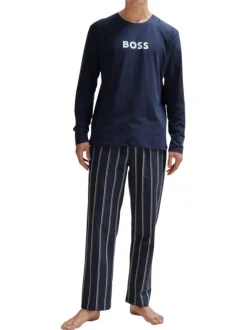 Pyjama Long en coton marine rayé coupe droite avec un col rond