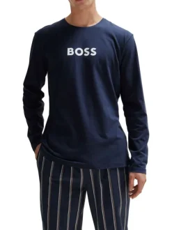 Pyjama Long en coton marine rayé coupe droite avec un col rond