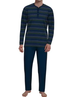 Pyjama long en coton marine rayé coupe droite avec un col tunisien