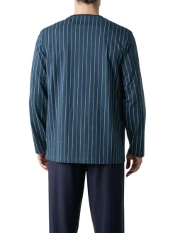 Pyjama long en coton marine à rayures pourvu d'un col v et d'une coupe droite