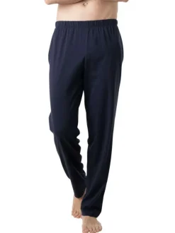 Pyjama long en coton marine à rayures pourvu d'un col v et d'une coupe droite