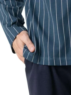 Pyjama long en coton marine à rayures pourvu d'un col v et d'une coupe droite
