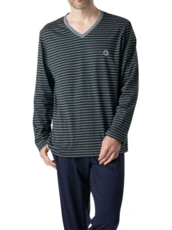 Pyjama long en coton marine à rayures pourvu d'une coupe droite et d'un col v