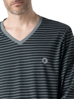 Pyjama long en coton marine à rayures pourvu d'une coupe droite et d'un col v