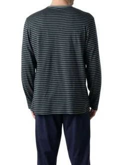 Pyjama long en coton marine à rayures pourvu d'une coupe droite et d'un col v