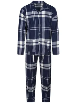 Pyjama long en coton marine à tartan avec une coupe droite et un col français
