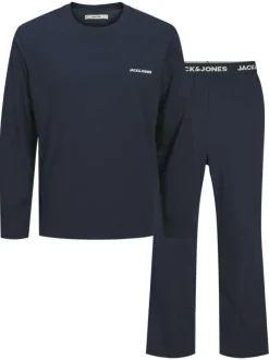 Pyjama Long en coton marine uni avec une coupe fermée avec un col rond
