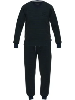 Pyjama long en coton marine uni coupe ajustée col V avec un logo sur la poitrine