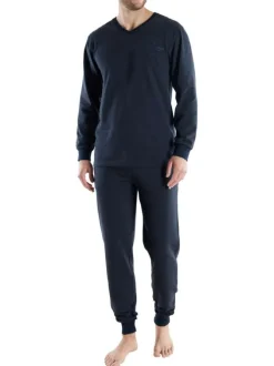 Pyjama long en coton marine uni coupe ajustée col V avec un logo sur la poitrine