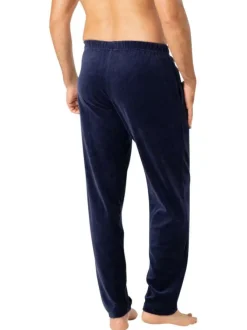 Pyjama long en coton mélangé bleu marine en velours à col rond