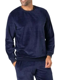 Pyjama long en coton mélangé bleu marine en velours à col rond