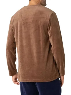 Pyjama long en coton mélangé marron clair en velours avec un col v