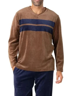 Pyjama long en coton mélangé marron clair en velours avec un col v