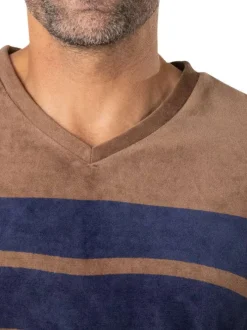 Pyjama long en coton mélangé marron clair en velours avec un col v