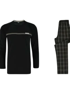 Pyjama Long en coton mélangé noir à carreaux avec une coupe fermée et col rond