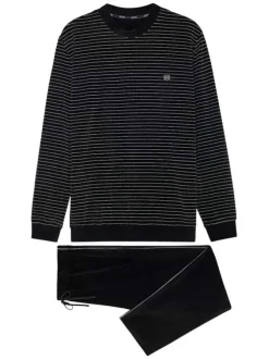Pyjama long en coton mélangé noir en velours rayé avec un col rond