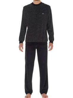 Pyjama long en coton mélangé noir en velours rayé avec un col rond