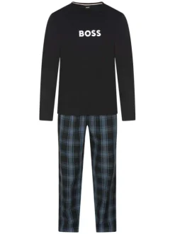 Pyjama Long en coton noir à carreaux avec une coupe fermée et un col rond