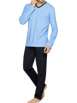 Pyjama long en coton noir et bleu ciel uni à coupe droite, col V et taille élastiquée