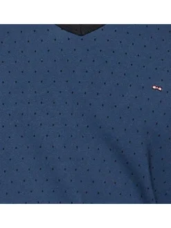 Pyjama long en coton noir et bleu denim uni à coupe droite, col V et taille élastiquée