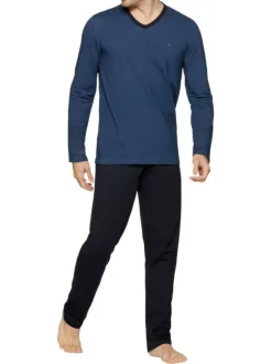 Pyjama long en coton noir et bleu denim uni à coupe droite, col V et taille élastiquée