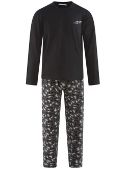 Pyjama long en coton noir et fleuri avec une coupe droite et un col rond