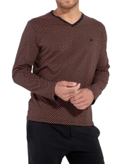 Pyjama long en coton noir imprimé géométrique avec coupe fermée et col v