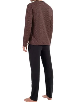 Pyjama long en coton noir imprimé géométrique avec coupe fermée et col v