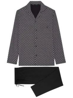 Pyjama long en coton noir imprimé géométrique avec coupe ouverte et col cubain