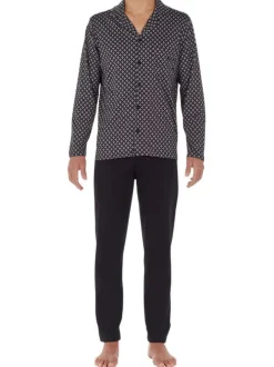Pyjama long en coton noir imprimé géométrique avec coupe ouverte et col cubain